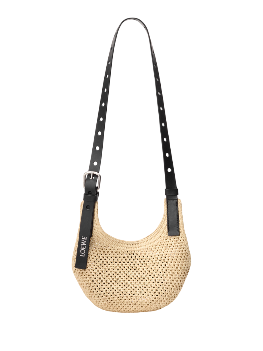 LOEWE Mini sac Punch Hole hobo en raphia et cuir de veau